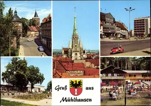 Ak Mühlhausen in Thüringen, Inneres Frauentor, Rabenturm, Marienkirche, Schwanenteich, Wappen