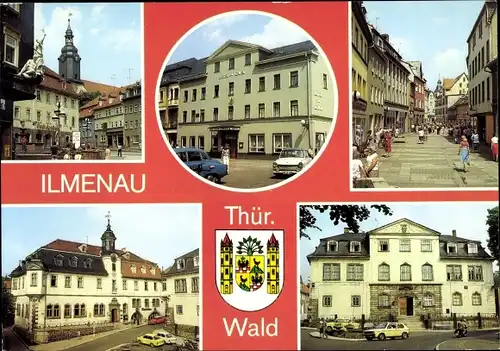 Ak Ilmenau in Thüringen, Wappen, Straße des Friedens, Hotel zum Löwen, Rathaus, Museum