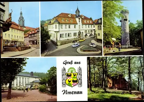 Ak Ilmenau in Thüringen, Straße des Friedens, Festhalle, Rathaus, Kickelhahnturm, Goethehäuschen