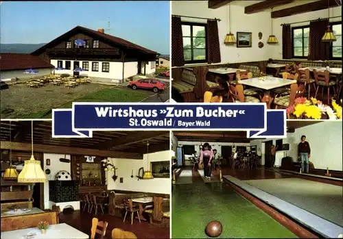 Ak Sankt Oswald in Niederbayern, Wirtshaus Zum Bucher, Außenansicht, Kegelbahn, Speisesaal