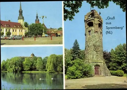 Ak Spremberg in der Lausitz, Marktplatz, Schwanenteich, Schloss, Georgenbergturm