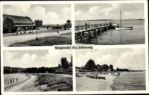 Ak Borgwedel an der Schlei in Schleswig Holstein, Strand, Jugendherberge, Anlegestelle