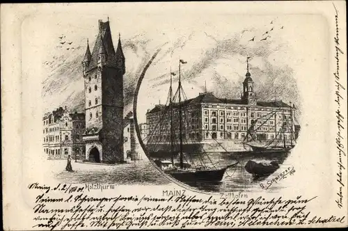 Künstler Ak Mainz am Rhein, Holzturm, Zollhafen, Segelschiffe