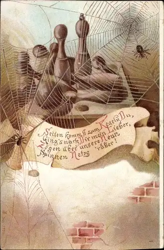 Künstler Ak Selten kommst zum Kegeln Du, Spinnennetz