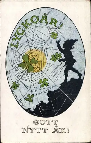 Künstler Ak Nyström, Jenny, Gott Nytt Ar, Lyckoar, Neujahr, Zwerg, Kleeblätter in Spinnennetz