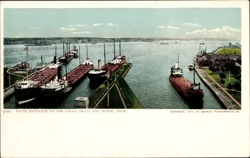 Ak Sault Sainte Marie Michigan USA, Südeingang zu den Schleusen