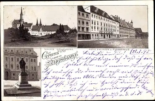 Vorläufer Litho Augsburg in Schwaben, Hotel 3 Mohren, Fuggerhaus, Schloss Wollenburg, 1895