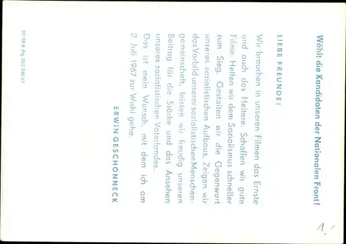 Ak Schauspieler Erwin Geschonneck, Portrait, Wählt die Kandidaten der Nationalen Front, Wahl 1967