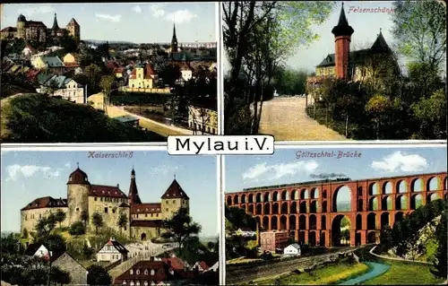 Ak Mylau Reichenbach im Vogtland, Felsenschänke, Kaiserschloss, Göltzschtalbrücke