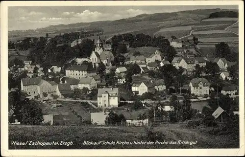Ak Wiesa Thermalbad Wiesenbad im Erzgebirge, Panorama mit Schule, Kirche, Rittergut
