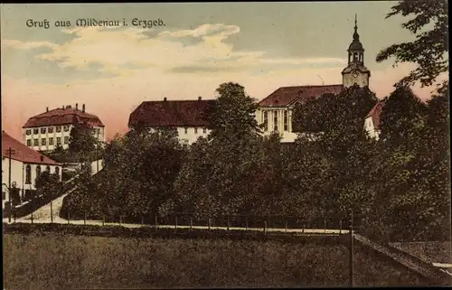 Ak Mildenau im Erzgebirge, Teilansicht, Kirche