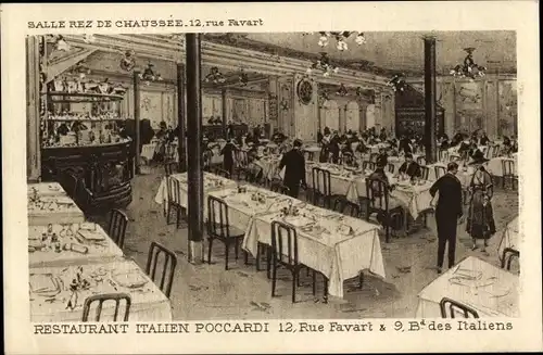 Ak Paris II, Rue Favart, Boulevard des Italiens, Poccardi Restaurant Italien, Salle rez de chaussée