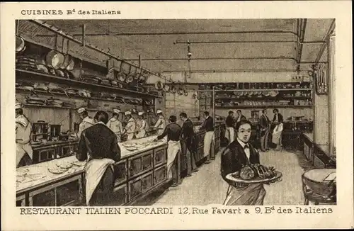 Künstler Ak Paris II., Restaurant Italien Poccardi, 12. Rue Favart et 9. Boulevard des Italiens