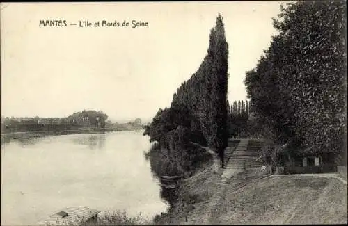 Ak Mantes Yvelines, Die Insel, Ufer der Seine