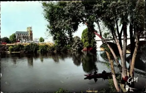 Ak Mantes la Jolie Yvelines, Angeln auf der Seine, im Hintergrund die Kathedrale