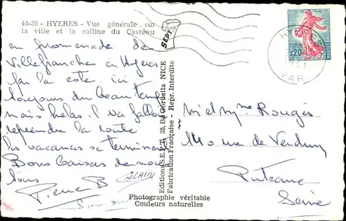 Ak Hyeres Var, Gesamtansicht der Stadt, Casteou-Hügel