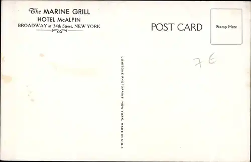 Ak New York City USA, The Marine Grill, Hotel McAlpin, Broadway at 34th Street