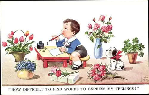 Künstler Ak Wills, John, Junge schreibt einen Brief, Blumen, Hund
