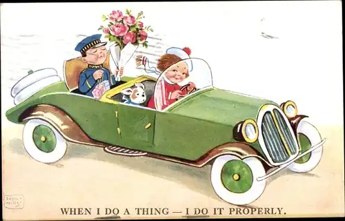 Künstler Ak Wills, John, Bote mit Blumenstrauß, Automobil