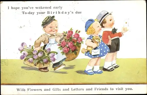 Künstler Ak Wills, John, Glückwunsch zum Geburtstag, Kinder mit Blumen