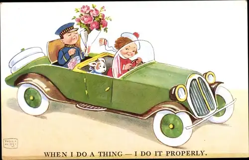 Künstler Ak Wills, John, Bote mit Blumenstrauß, Automobil