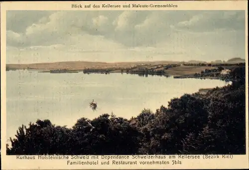 Ak Gremsmühlen Malente in Ostholstein, Kellersee, Kurhaus Holsteinische Schweiz, Schweizerhaus, Boot