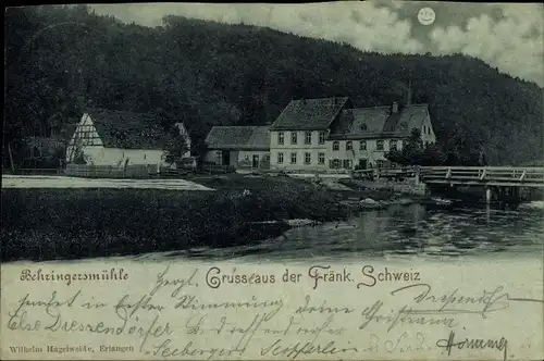 Mondschein Ak Behringersmühle Gößweinstein in Oberfranken, Brücke, Fluss