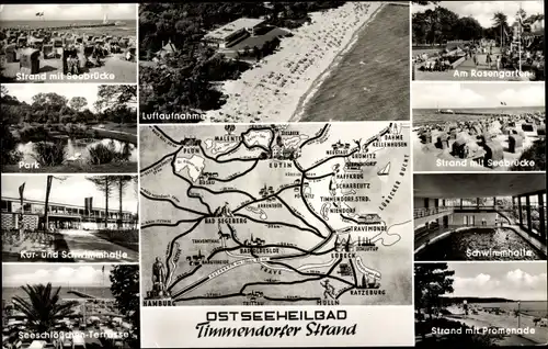 Ak Ostseebad Timmendorfer Strand, Schwimmhalle, Seebrücke, Seeschlösschen-Terrasse, Rosengarten