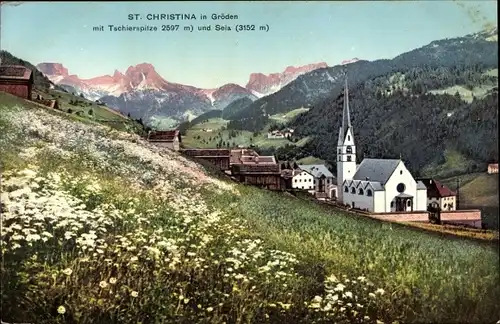 Ak Santa Cristina Val Gardena St. Christina in Gröden Südtirol, Kirche, Tschierspitze, Seia