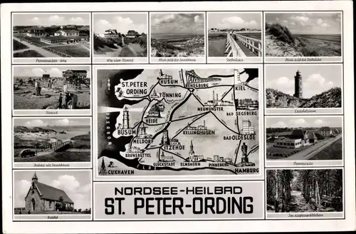 Ak Sankt Peter Ording Nordfriesland, Landkarte, Kirche, Leuchtturm, Seebrücke, Promenade, Sandbank