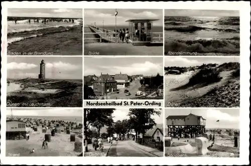 Ak Sankt Peter Ording in Nordfriesland, Brücke, Leuchtturm, Strand, Dorfstraße, Sandbank