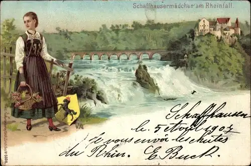 Litho Rheinfall Kanton Schaffhausen, Mädchen in Tracht