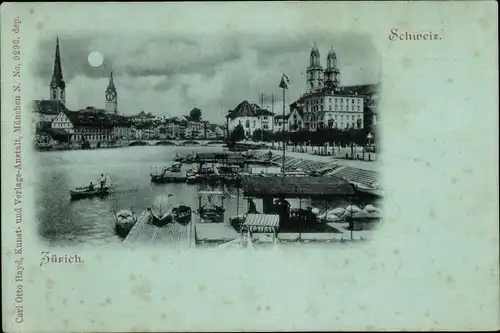 Mondschein Ak Zürich Stadt Schweiz, Teilansicht, Hafen