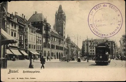 Ak Basel Stadt Schweiz, Rathausplatz, Straßenbahn