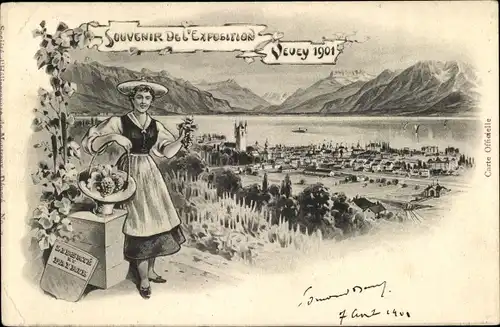 Ak Vevey Kanton Waadt, Panorama, Ausstellung 1901, Frau in Tracht