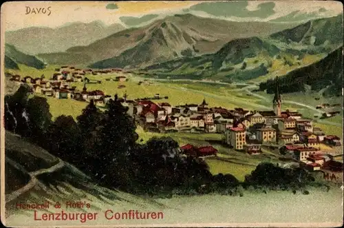 Litho Davos Kanton Graubünden, Gesamtansicht, Reklame Lenzburger Confituren