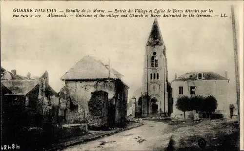 Ak Seine et Marne, Krieg 1914-1915, Schlacht an der Marne, Eingang zum Dorf und zur Kirche von Barcy