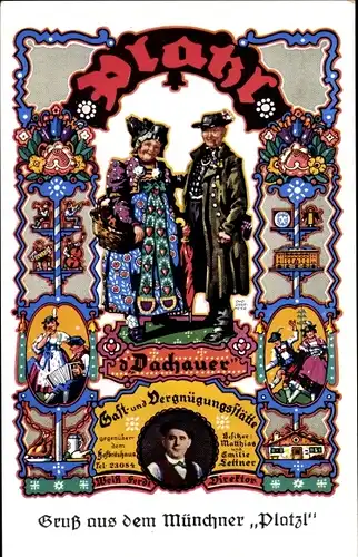 Künstler Ak Obermeier, Otto, München, Münchner Platzl, Gast- und Vergnügungsstätte, Dachauer Tracht