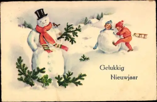 Ak Glückwunsch Neujahr, Kinder bauen einen Schneemann