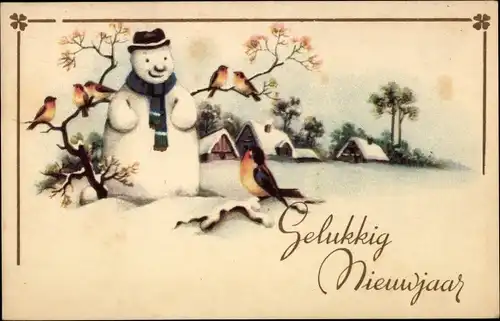 Ak Glückwunsch Neujahr, Schneemann, Vögel, Winterlandschaft