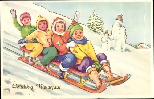 Ak Glückwunsch Neujahr, Kinder auf einem Schlitten, Schneemänner