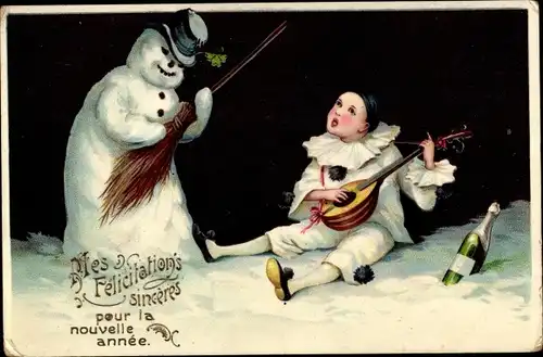 Ak Glückwunsch Neujahr, Schneemann, Pierrot mit Laute, Sekt