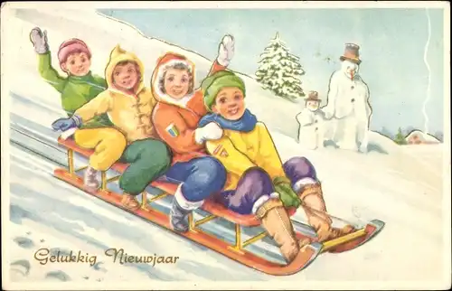 Ak Glückwunsch Neujahr, Kinder auf einem Schlitten, Schneemänner