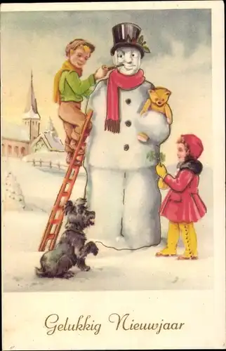 Ak Glückwunsch Neujahr, Kinder bauen einen Schneemann, Teddy, Hund