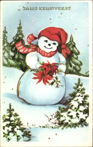 Ak Glückwunsch Weihnachten, Schneemann, Blüten