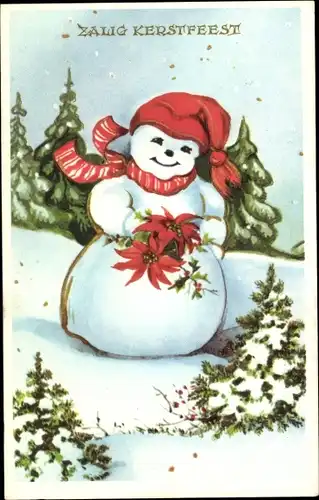 Ak Glückwunsch Weihnachten, Schneemann, Blüten