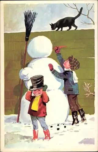 Ak Kinder bauen einen Schneemann, schwarze Katze