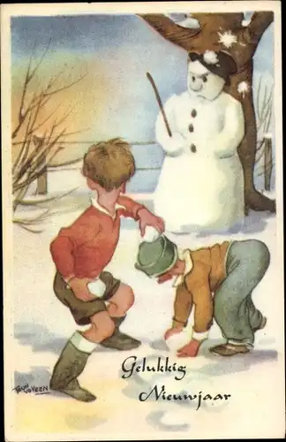 Künstler Ak Veen, v. T., Glückwunsch Neujahr, Schneemann, Schneeballschlacht