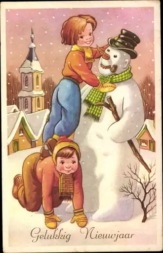 Ak Glückwunsch Neujahr, Kinder bauen einen Schneemann, Schneefall