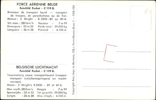 Ak Belgisches Militärflugzeug, Force Aérienne Belge, Fairchild Packet, C 119 G